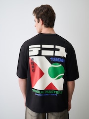 Black Japan Tennis Relaxed Fit Graphic Print Heavy Weight T-Shirt - Image 6 of 10