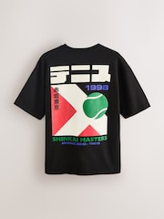 Black Japan Tennis Relaxed Fit Graphic Print Heavy Weight T-Shirt - Image 8 of 10