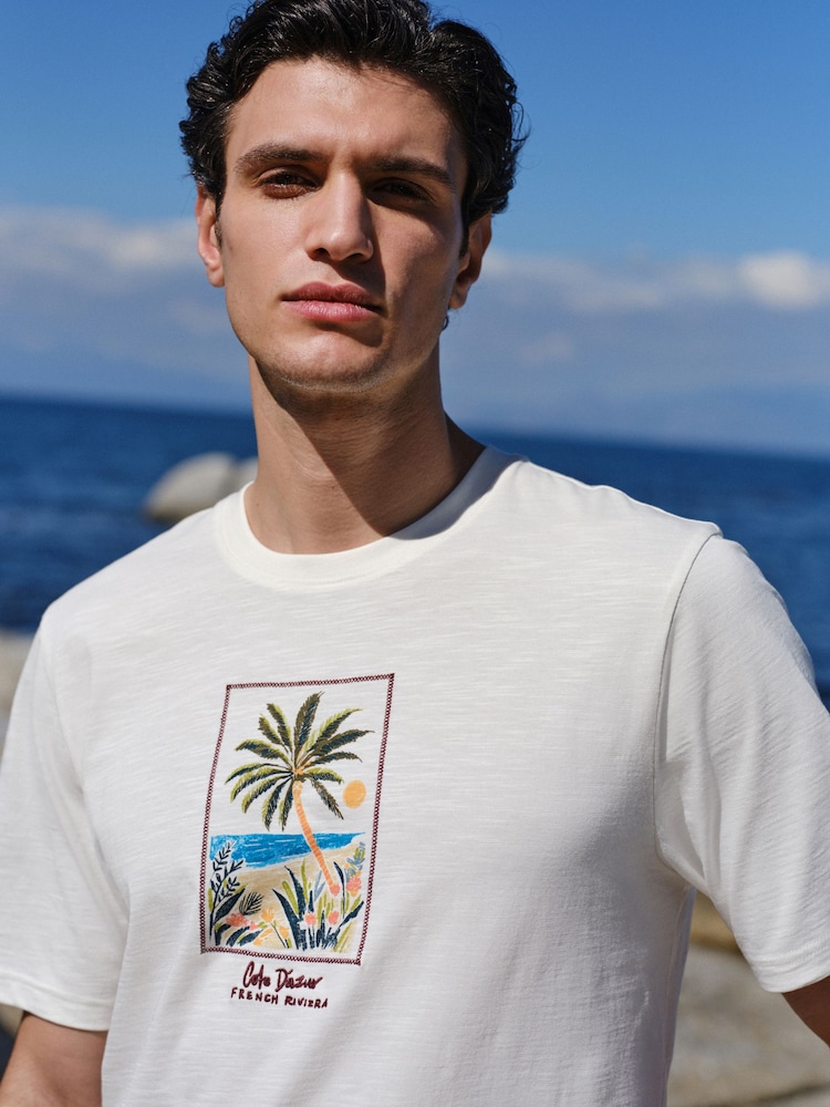 White Palm Tree Regular Fit Graphic Print Slub T-Shirt - Image 1 of 8