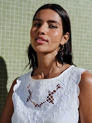 White Floral Cutwork Sleeveless Shell Top - Image 1 of 8