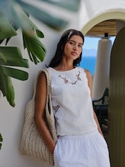 White Floral Cutwork Sleeveless Shell Top - Image 5 of 8