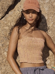 Orange/Burgundy Stripe Shirred Bandeau Top with Linen - Image 1 of 9