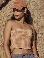 Orange/Burgundy Stripe Shirred Bandeau Top with Linen - Image 3 of 9