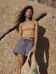 Orange/Burgundy Stripe Shirred Bandeau Top with Linen - Image 4 of 9