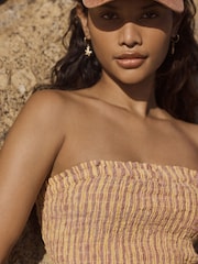 Orange/Burgundy Stripe Shirred Bandeau Top with Linen - Image 6 of 9