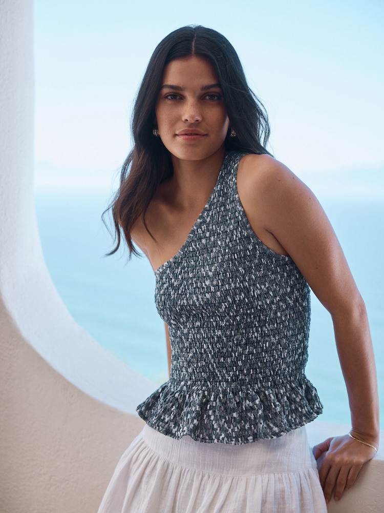 Navy Gingham Shirred One Shoulder Sleeveless Top - Image 1 of 7