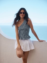 Navy Gingham Shirred One Shoulder Sleeveless Top - Image 2 of 7