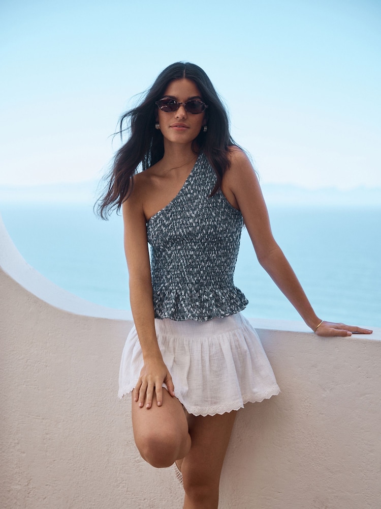 Navy Gingham Shirred One Shoulder Sleeveless Top - Image 2 of 7