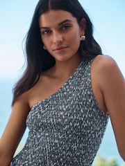 Navy Gingham Shirred One Shoulder Sleeveless Top - Image 4 of 7