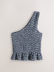 Navy Gingham Shirred One Shoulder Sleeveless Top - Image 5 of 7
