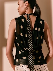 Black Polka Dot Mesh Sleeveless Scarf Top - Image 4 of 8