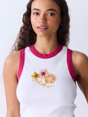 White with Pink Tipping Embellished Hibiscus Sleeveless Top - Image 3 of 6