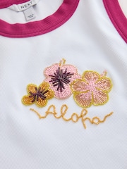 White with Pink Tipping Embellished Hibiscus Sleeveless Top - Image 5 of 6