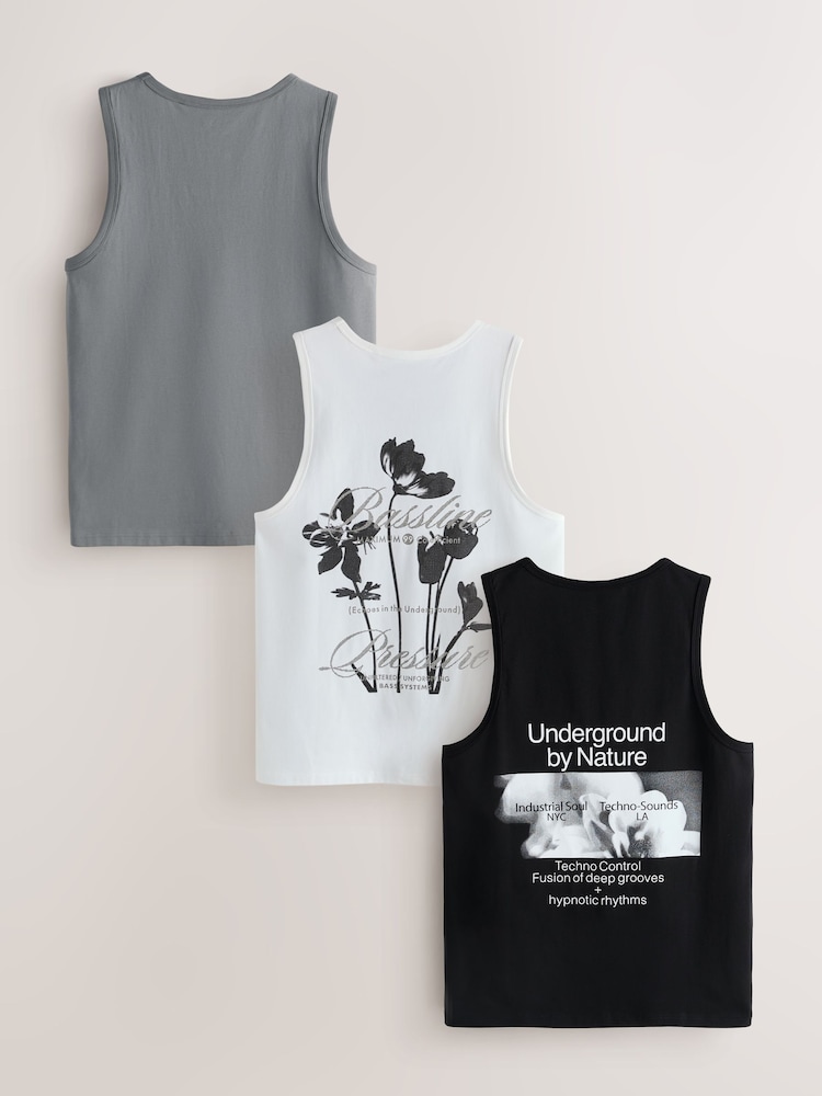 Black/White/Grey Graphic Vests 3 Pack - Image 1 of 15 Black/White/Grey Graphic Vests 3 Pack - Image 1 of 15