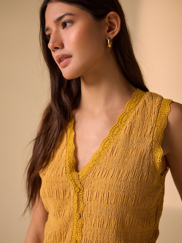 أصفر شاحب - صديري بدون أكمام بياقة على شكل V وملمس بارز - صورة 1 من 4