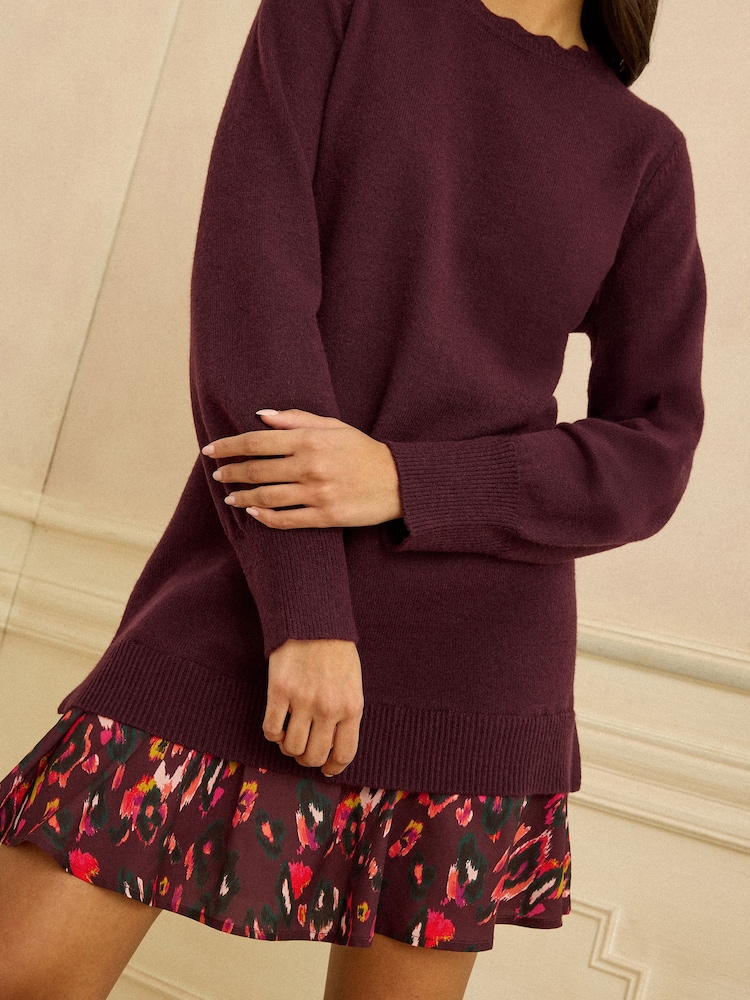 Love & Roses Burgundy Red Woven Skirt Knit Mini Dress - Image 2 of 4 Love & Roses Burgundy Red Woven Skirt Knit Mini Dress - Image 2 of 4