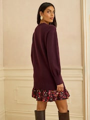 Love & Roses Burgundy Red Woven Skirt Knit Mini Dress - Image 4 of 4