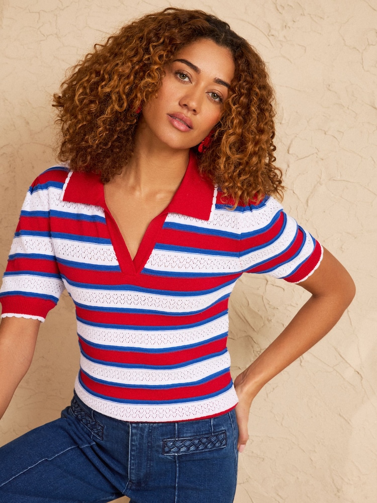 Love & Roses Red Blue And White Striped Knitted Polo Top - Image 1 of 4