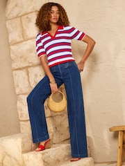 Love & Roses Red Blue And White Striped Knitted Polo Top - Image 2 of 4