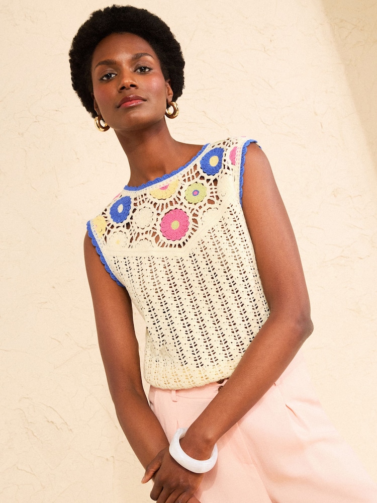 Love & Roses Cotton Rich Floral Detail Crochet Knitted Vest - Imaginea 1 din 4