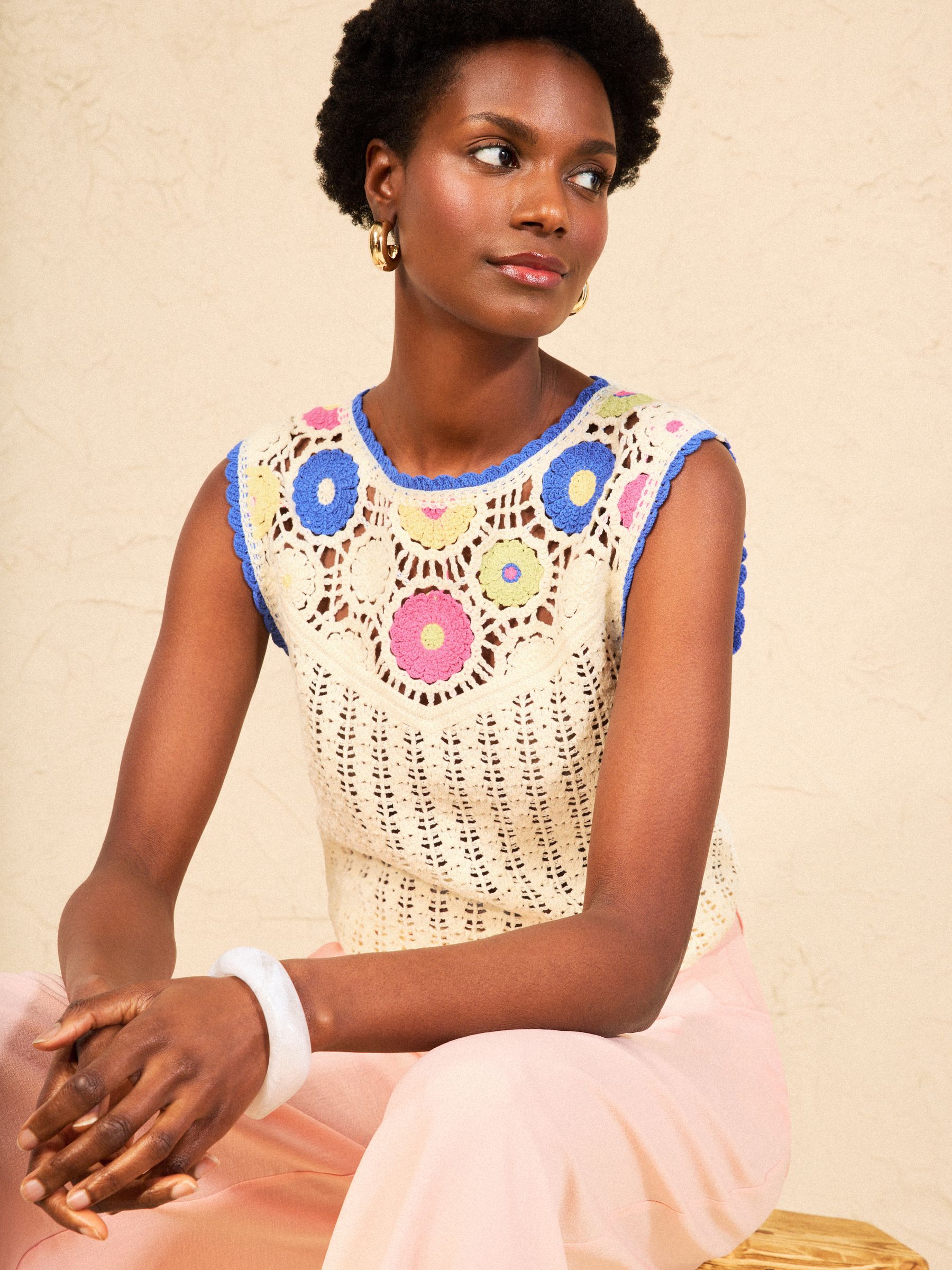 Buy Love & Roses Ivory Cotton Rich Floral Detail Crochet Knitted