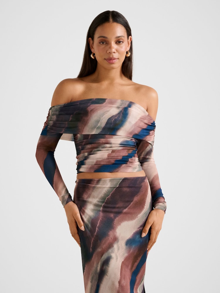 Forever New Brown Kaia Ruched Mesh Bardot Neck Top - Image 1 of 5 Forever New Brown Kaia Ruched Mesh Bardot Neck Top - Image 1 of 5