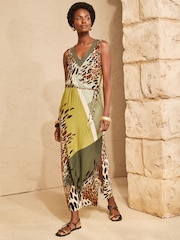 Love & Roses Khaki Green Leopard Placement Print V-Neck Jersey Midi Dress - Image 1 of 4