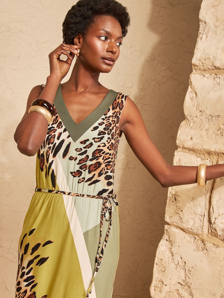 Love & Roses Khaki Green Leopard Placement Print V-Neck Jersey Midi Dress - Image 2 of 4