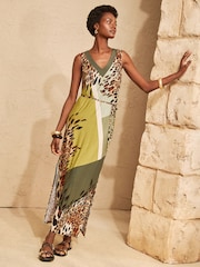 Love & Roses Khaki Green Leopard Placement Print V-Neck Jersey Midi Dress - Image 3 of 4