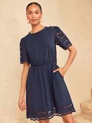 Love & Roses Navy Broderie Trim Woven Skirt Mini Dress - Image 1 of 4