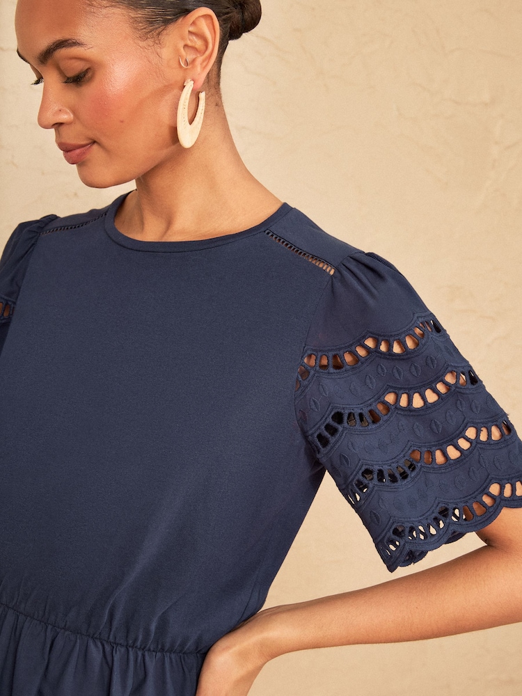 Love & Roses Navy Broderie Trim Woven Skirt Mini Dress - Image 2 of 4