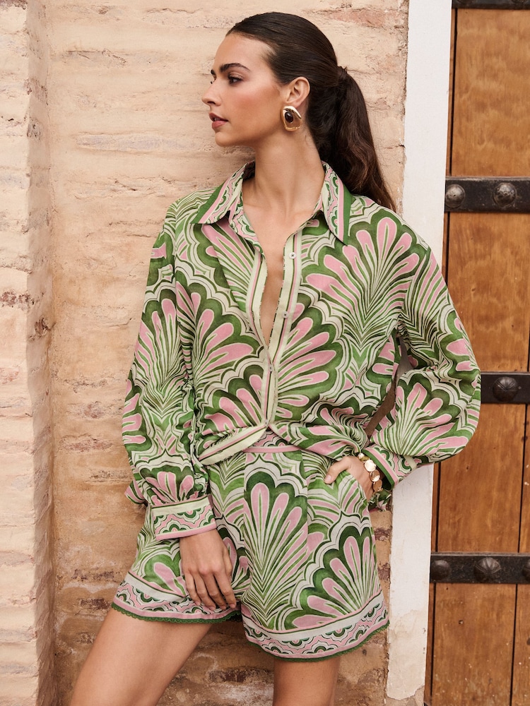 Lipsy Green & Pink Tropical Printed Shorts - Image 1 of 4
