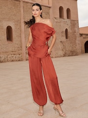 Lipsy Rust Red Textured Satin Balloon Trousers - Image 1 of 4