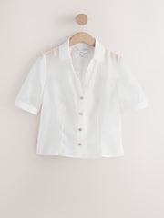 أبيض - قميص شفاف بأكمام قصيرة وياقة حرف V - صورة 6 من 8