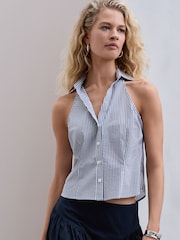 Marineblau/weiß gestreift - Halter Neck Sleeveless Shirt - Bild 2 von 5