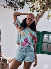 Blue Map Print - تيشرت واسع بكُم قصير من الكتان - صورة 1 من 8