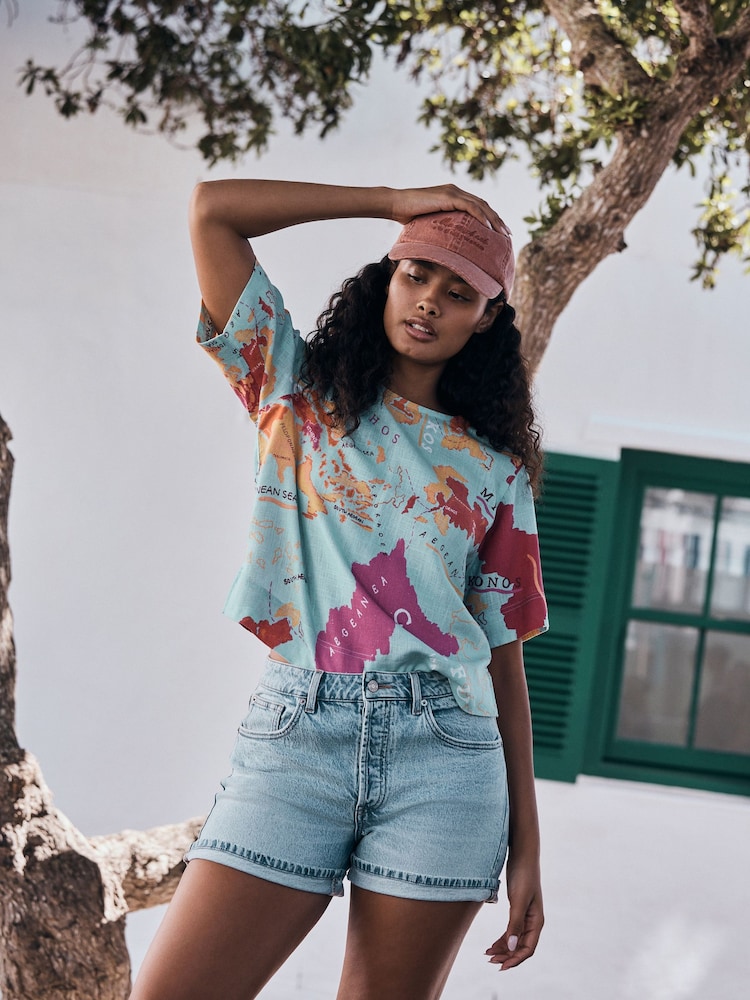 Blue Map Print - تيشرت واسع بكُم قصير من الكتان - صورة 1 من 8