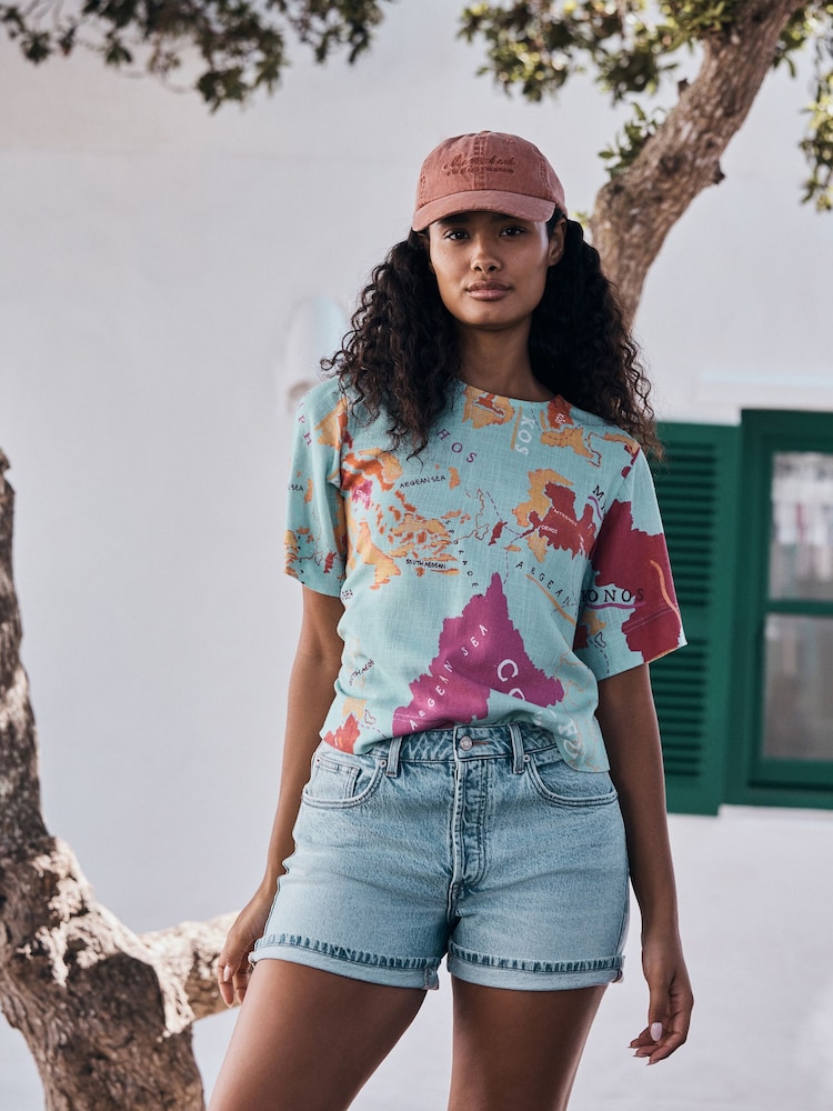 Blue Map Print - تيشرت واسع بكُم قصير من الكتان - صورة 2 من 8