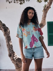 Blue Map Print - تيشرت واسع بكُم قصير من الكتان - صورة 3 من 8