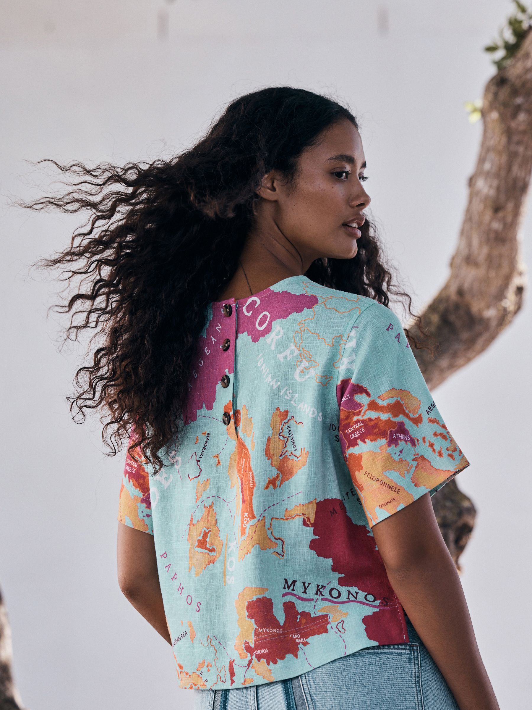 Buy Blue Map Print Short Sleeve Boxy T-Shirt with Linen from Next USA