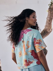 Blue Map Print - تيشرت واسع بكُم قصير من الكتان - صورة 4 من 8