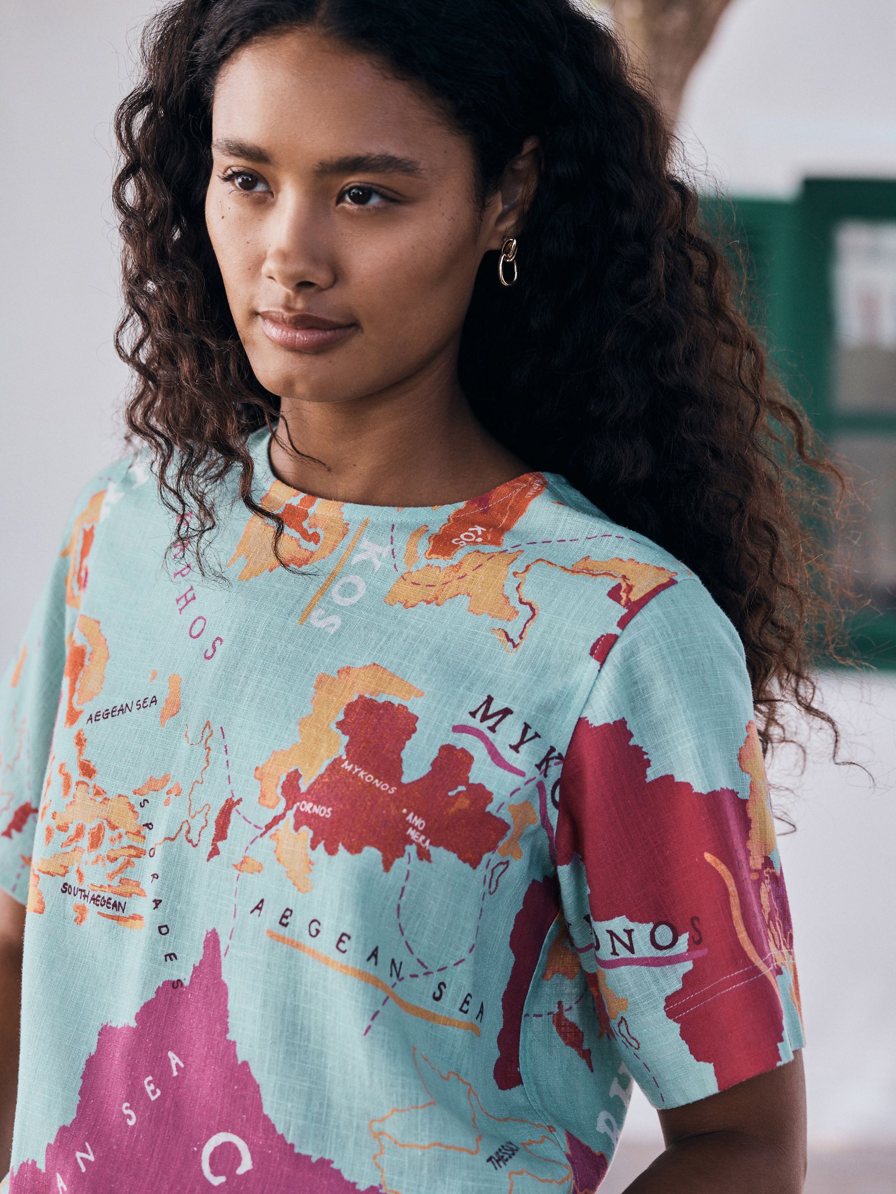 Buy Blue Map Print Short Sleeve Boxy T-Shirt with Linen from Next USA