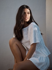 تطريز أبيض - رداء عُلوي مُجمّع بكُم قصير ورقبة عريضة - صورة 3 من 5