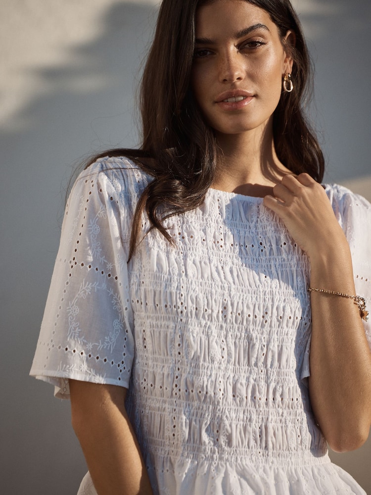 تطريز أبيض - رداء عُلوي مُجمّع بكُم قصير ورقبة عريضة - صورة 5 من 5