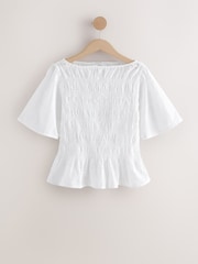 White Broderie Smocked Slash Neck Short Sleeve Top - Image 6 of 8