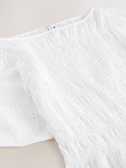White Broderie Smocked Slash Neck Short Sleeve Top - Image 7 of 8