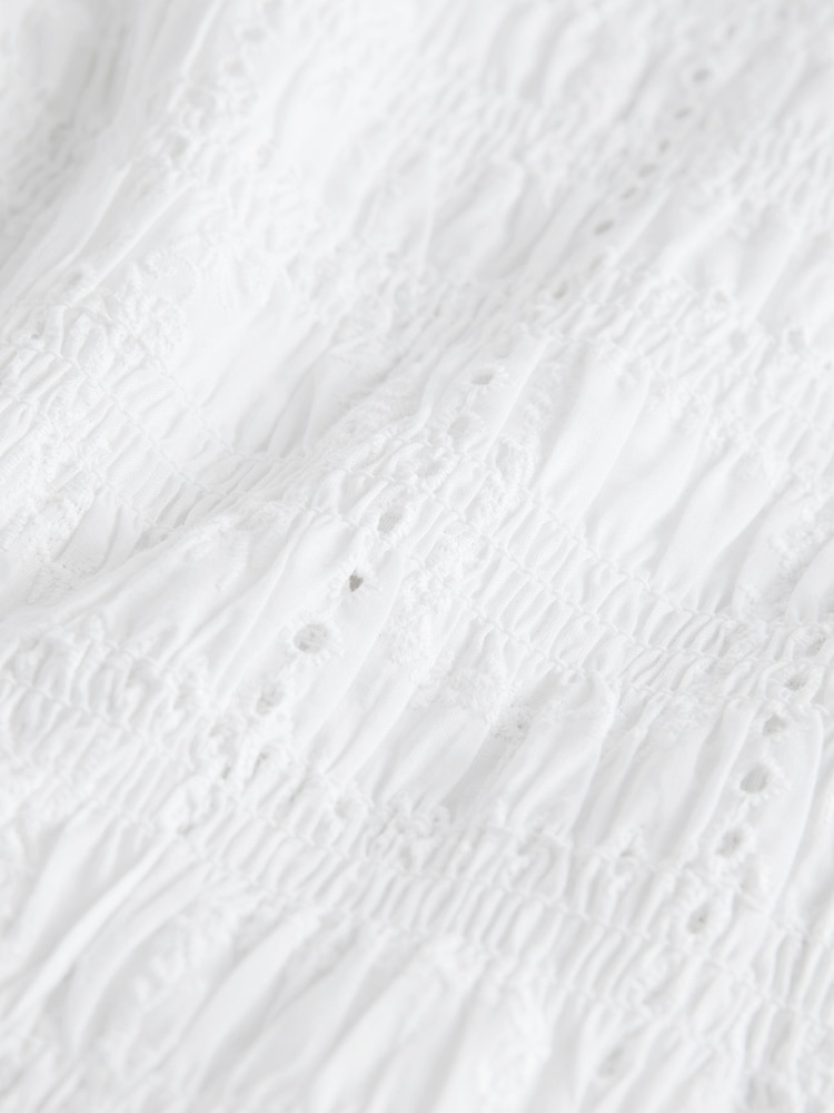 White Broderie Smocked Slash Neck Short Sleeve Top - Image 8 of 8 White Broderie Smocked Slash Neck Short Sleeve Top - Image 8 of 8