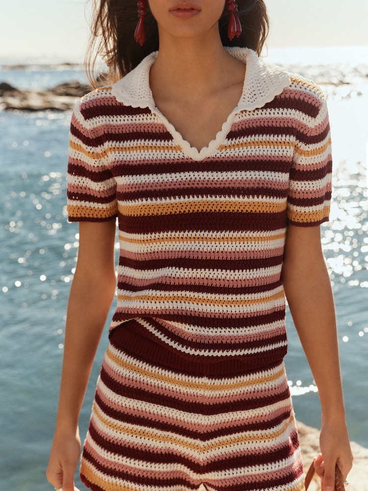 BHOEM Multi Stripes Crochet Style Polo Top - Image 2 of 6