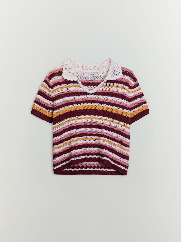 BHOEM Multi Stripes Crochet Style Polo Top - Image 6 of 6