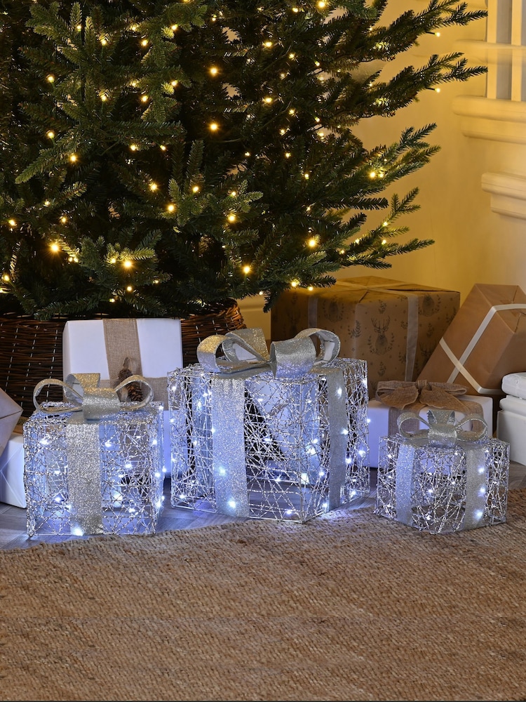 Festive Set of 3 Lit Shimmer Parcels Silver Bows - Image 1 of 1